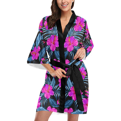 Neon Pink Hibiscus Pattern Print Design HB015 Women's Short Kimono