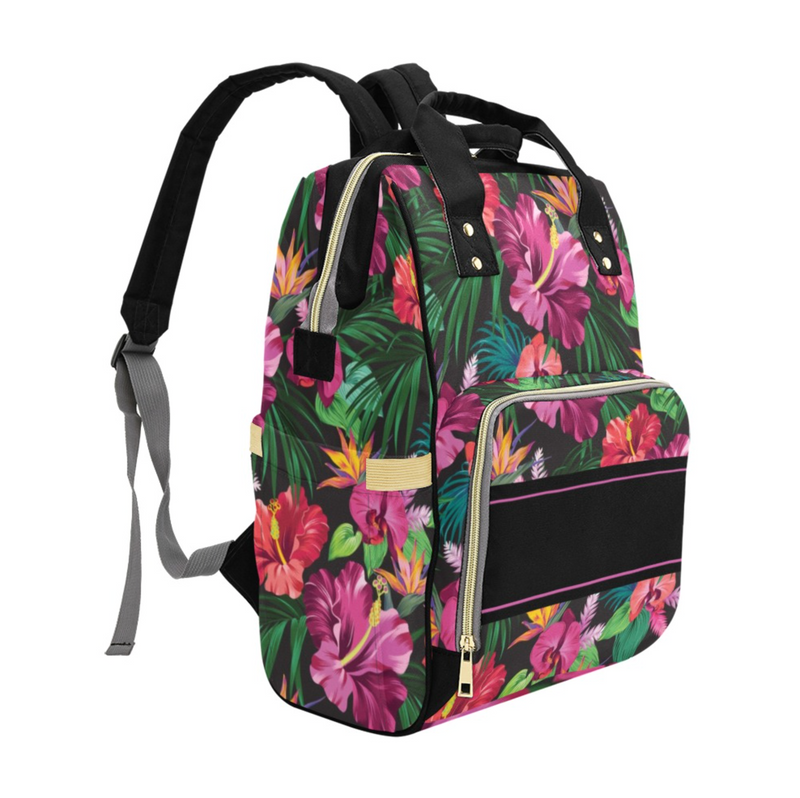 Pink Hibiscus Tropical Flower Personalised Name Diaper Bag Backpack