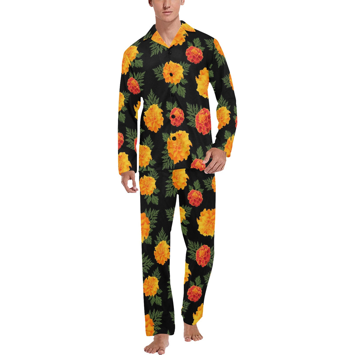 Marigold Pattern Print Design MR05 Men's Long Sleeve Pajama Set