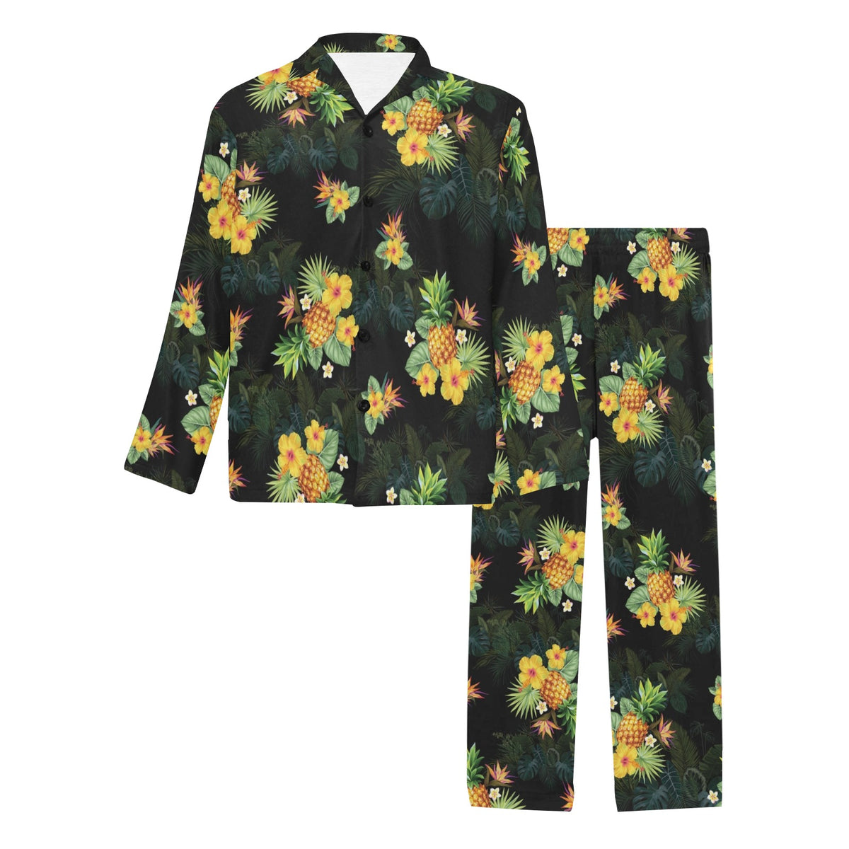 Pineapple Tropical Flower Print Pattern Men's Long Sleeve Pajama Set