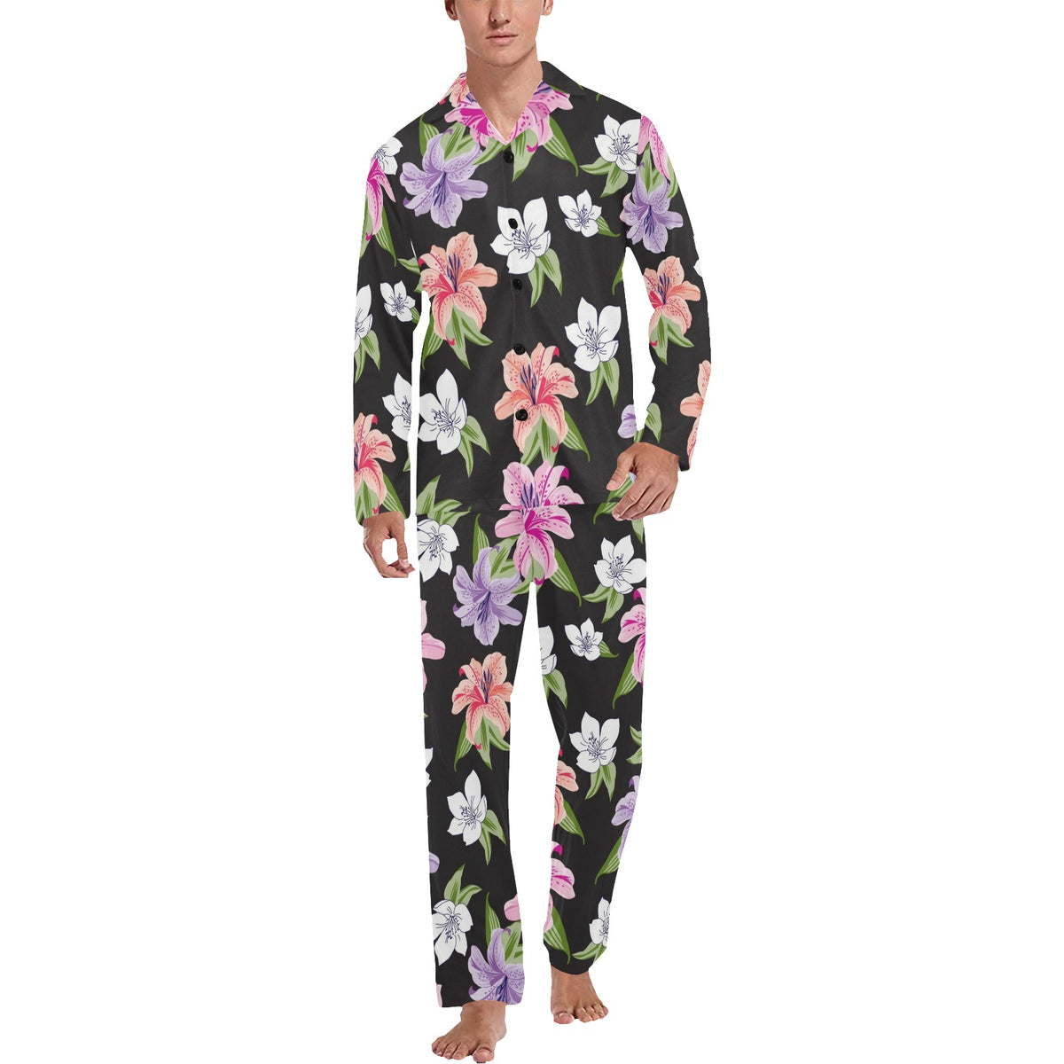 Lily Pattern Print Design LY02 Men's Long Sleeve Pajama Set