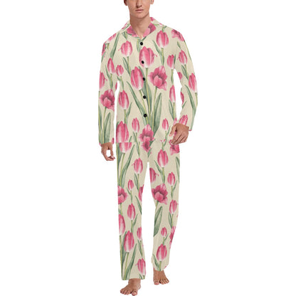 Tulip Pink Pattern Print Design TP06 Men's Long Sleeve Pajama Set