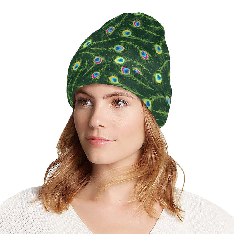 Peacock Feather Green Design Print Unisex Beanie