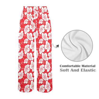 Flower Hawaiian Hibiscus Red Background Print Women's Wide Leg Lounge Pants