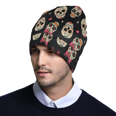 Sugar Skull Pink Bow Themed Print Unisex Beanie