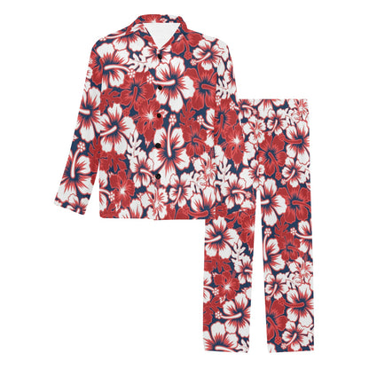 Red Hibiscus Pattern Print Design HB01 Men's Long Sleeve Pajama Set