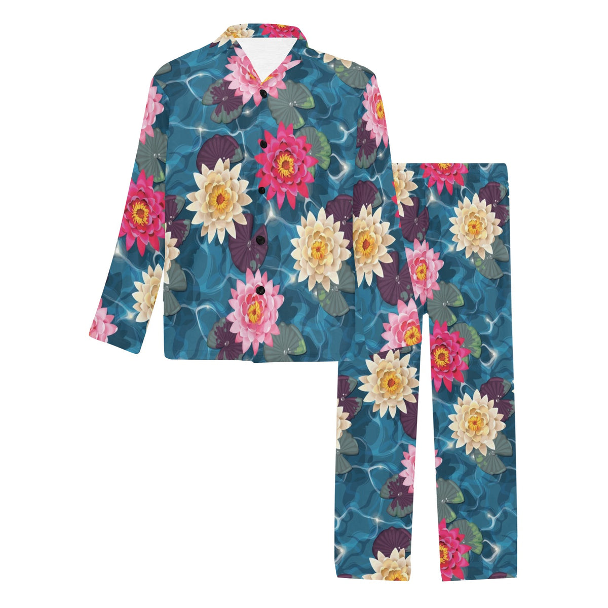 Water Lily Pattern Print Design WL05 Men's Long Sleeve Pajama Set