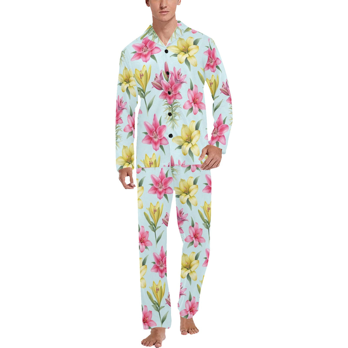 Lily Pattern Print Design LY010 Men's Long Sleeve Pajama Set