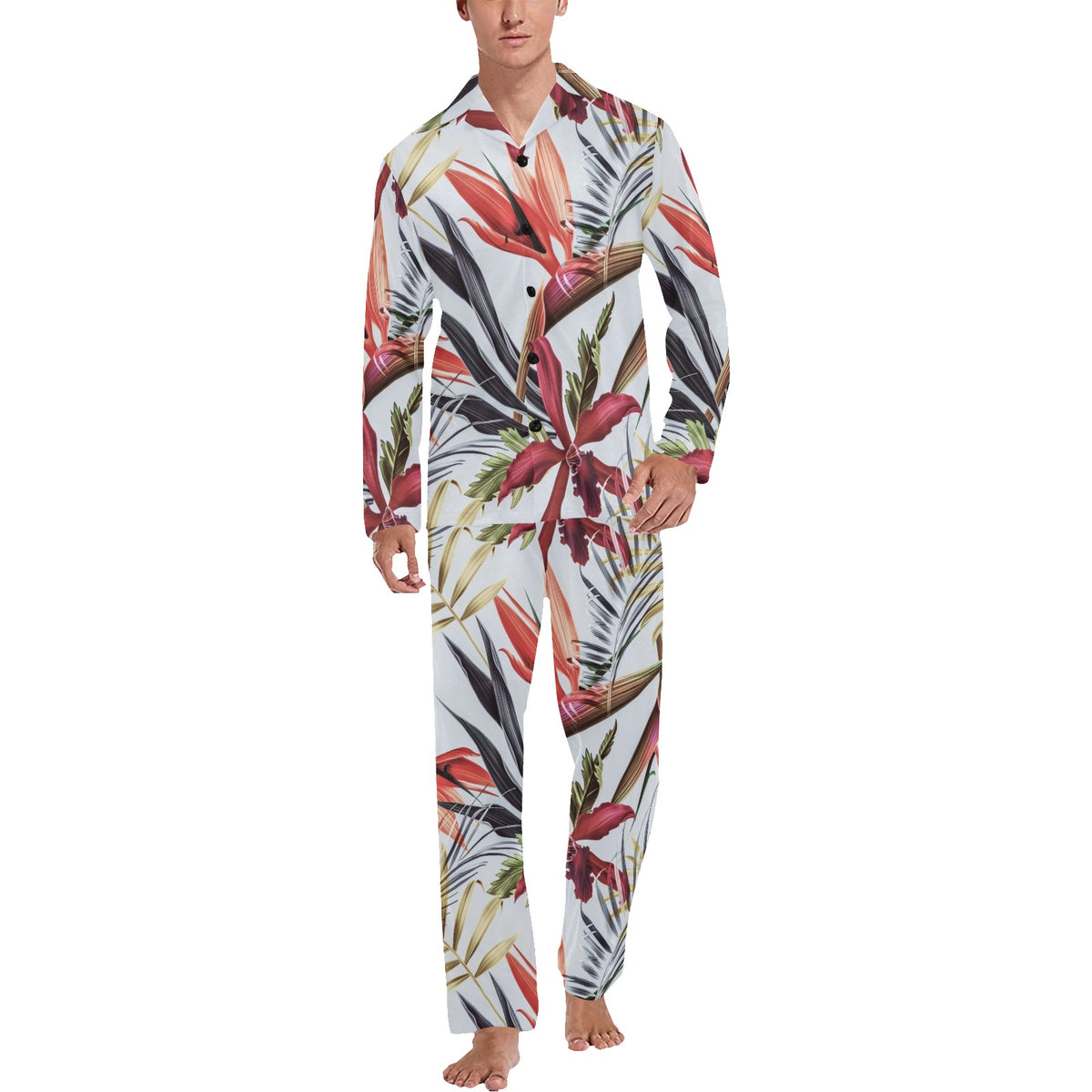 Tropical Flower Pattern Print Design TF021 Men's Long Sleeve Pajama Set