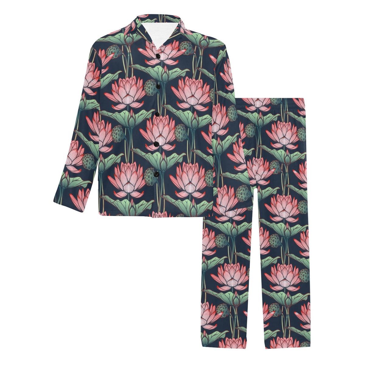 Water Lily Pattern Print Design WL03 Men's Long Sleeve Pajama Set