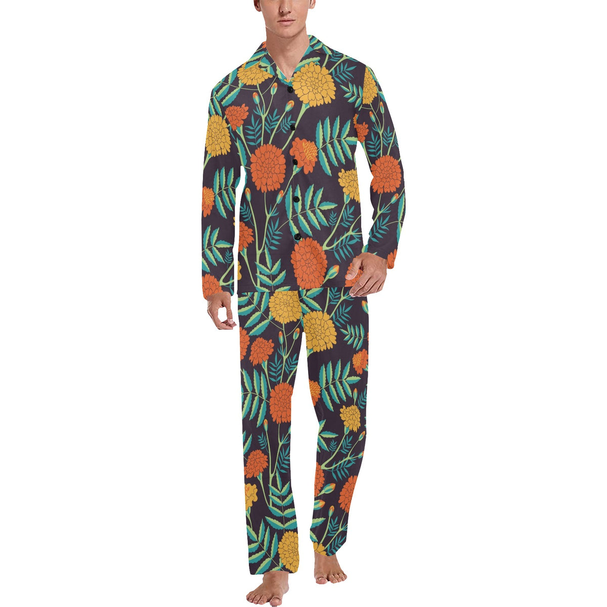 Marigold Pattern Print Design MR01 Men's Long Sleeve Pajama Set