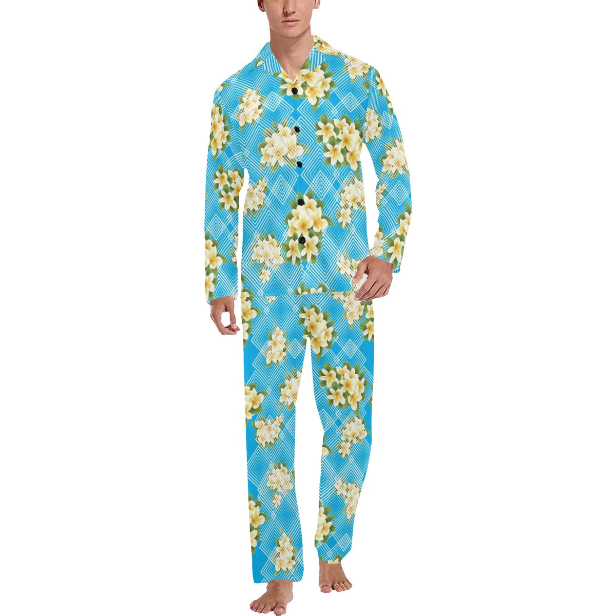 Yellow Plumeria Design Print Pattern Men's Long Sleeve Pajama Set