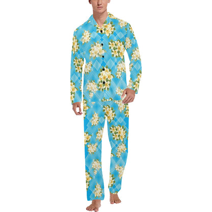 Yellow Plumeria Design Print Pattern Men's Long Sleeve Pajama Set