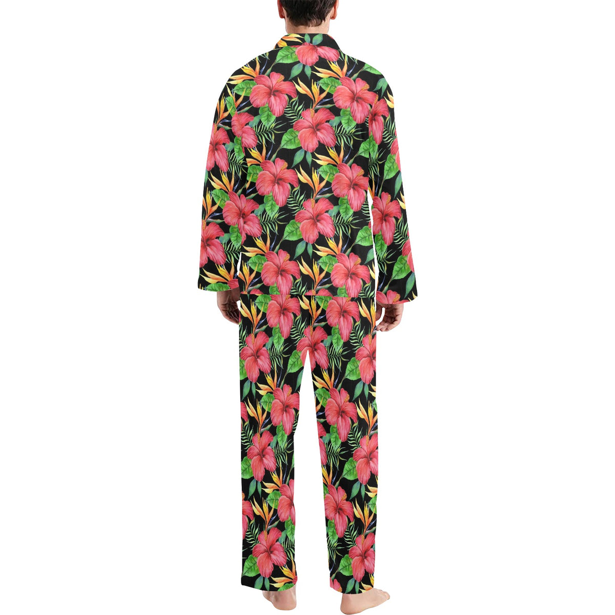 Red Hibiscus Pattern Print Design HB07 Men's Long Sleeve Pajama Set