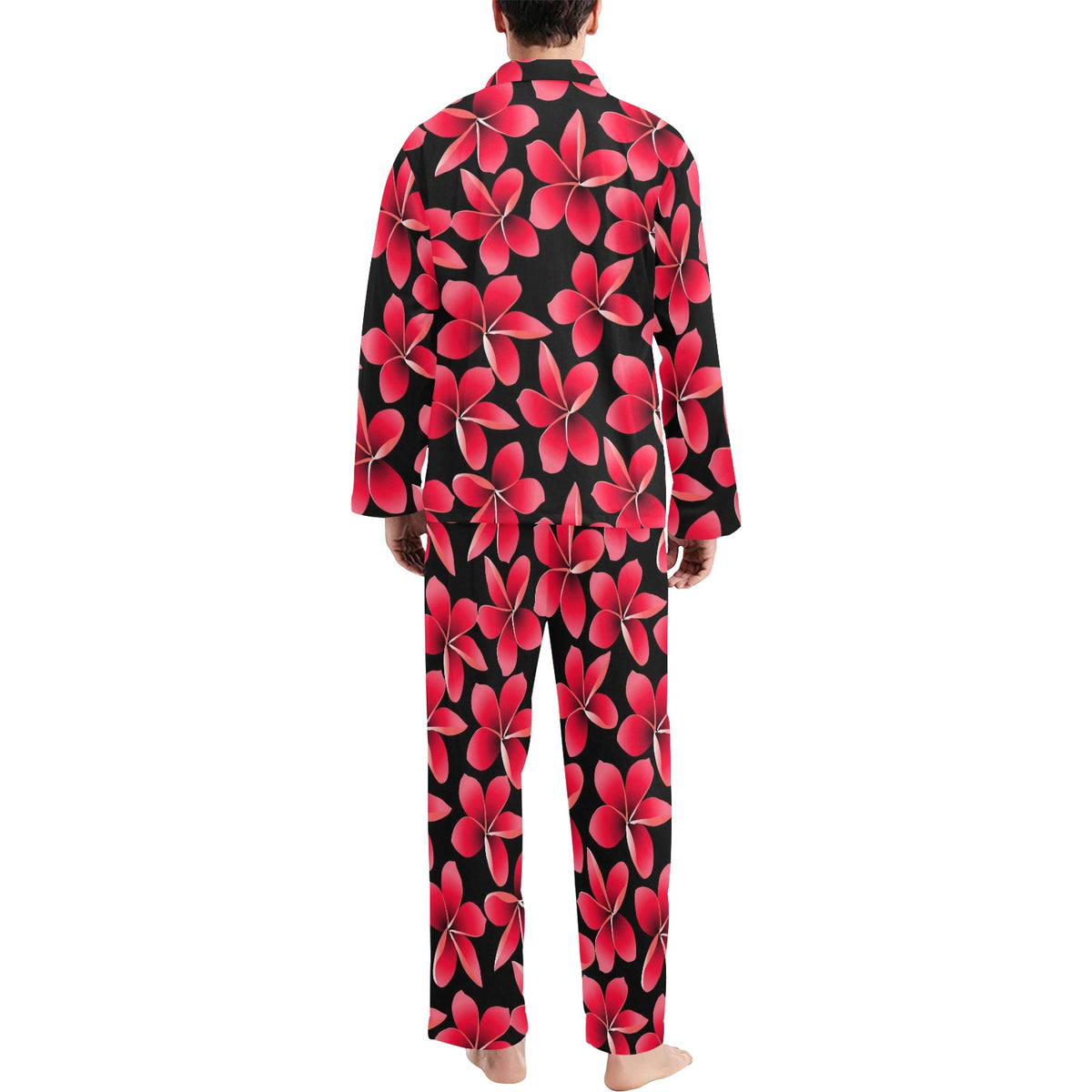 Red Plumeria Pattern Print Design PM025 Men's Long Sleeve Pajama Set
