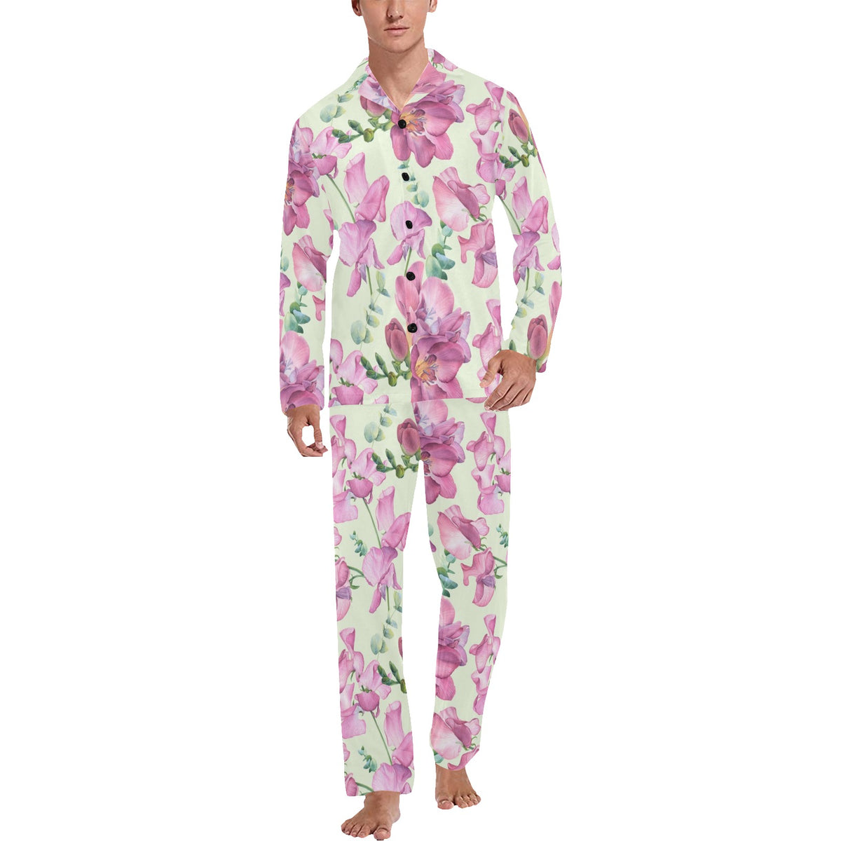 Peony Pattern Print Design PE011 Men's Long Sleeve Pajama Set