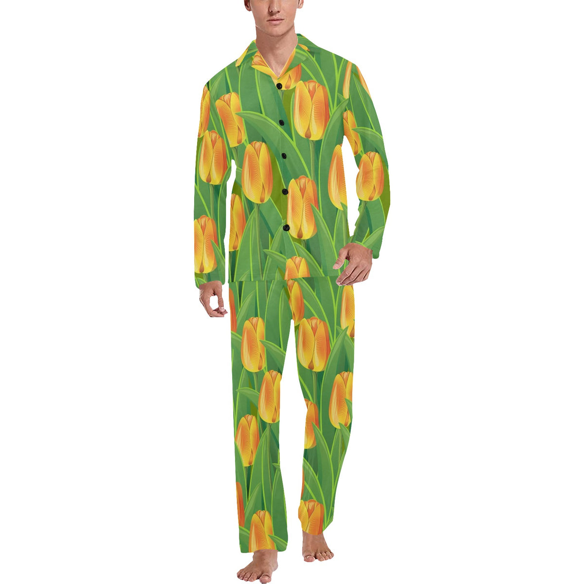 Tulip Orange Pattern Print Design TP07 Men's Long Sleeve Pajama Set