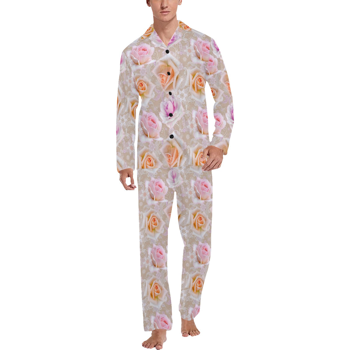 Rose Pattern Print Design RO011 Men's Long Sleeve Pajama Set