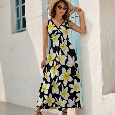 Yellow Plumeria Hawaiian Flowers Sleeveless Long Dress