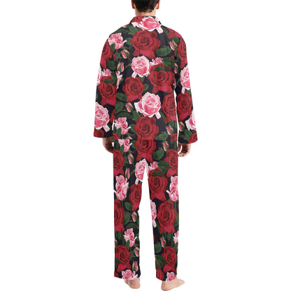 Rose Red Pink Pattern Print Design RO01 Men's Long Sleeve Pajama Set