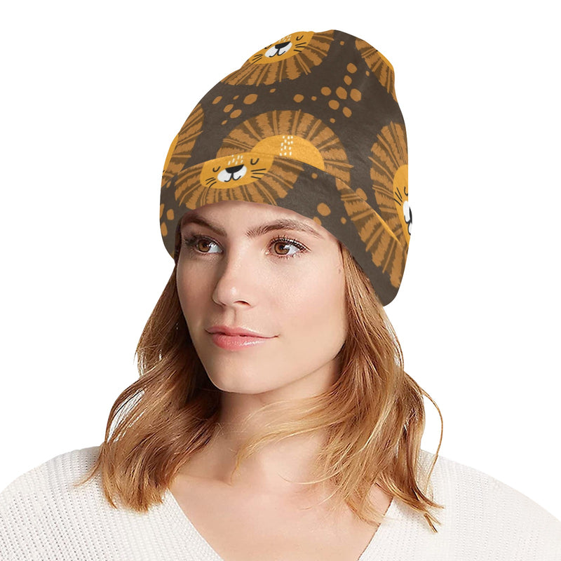 Lion Cartoon Pattern Print Design 01 Unisex Beanie