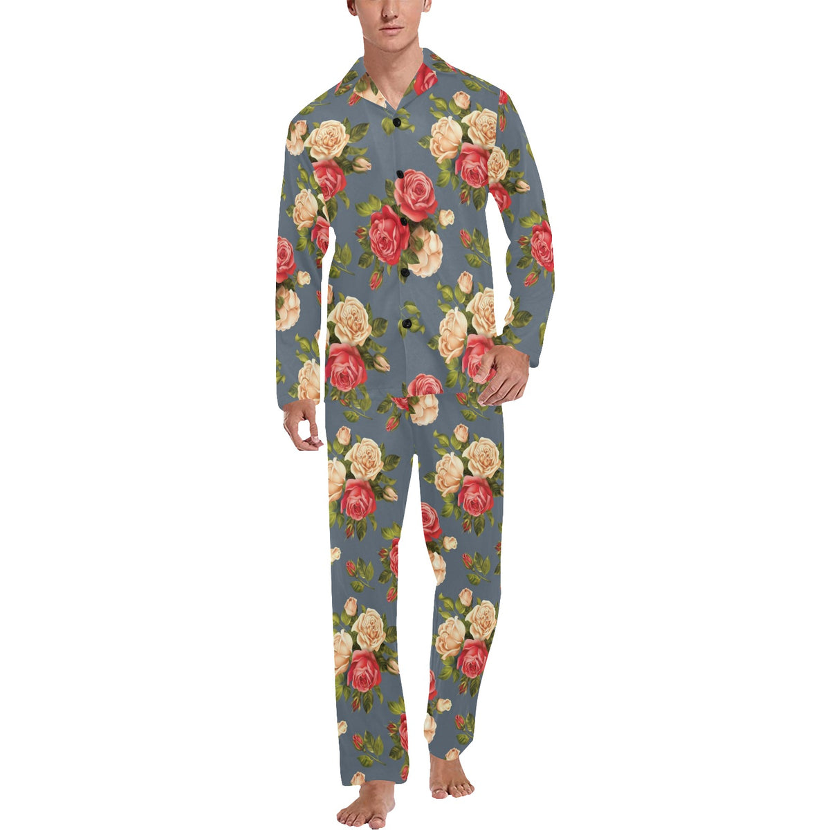 Rose Pattern Print Design RO017 Men's Long Sleeve Pajama Set
