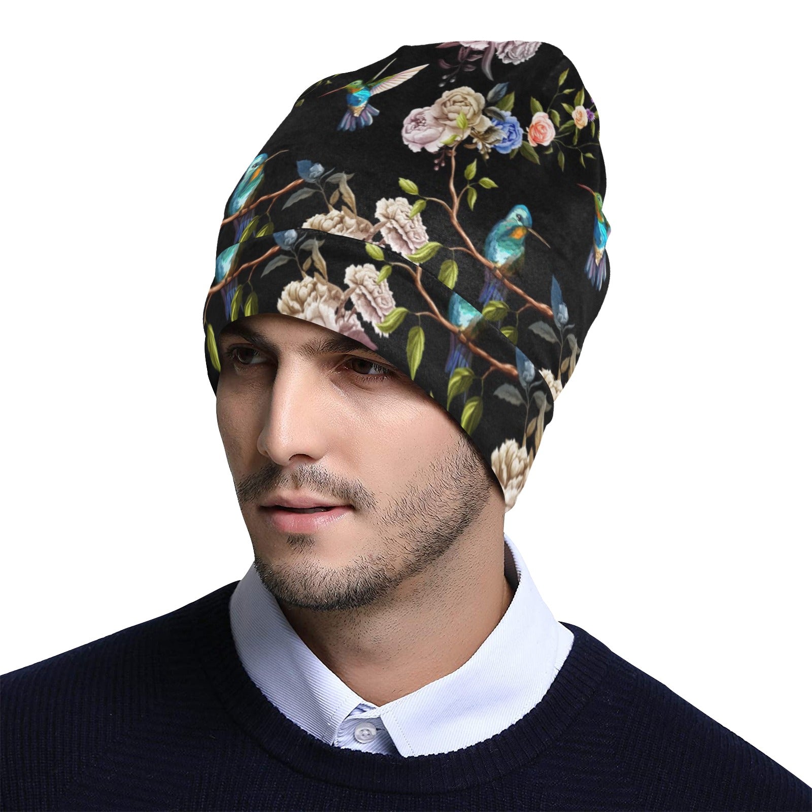 Hummingbird Flower Themed Print Unisex Beanie