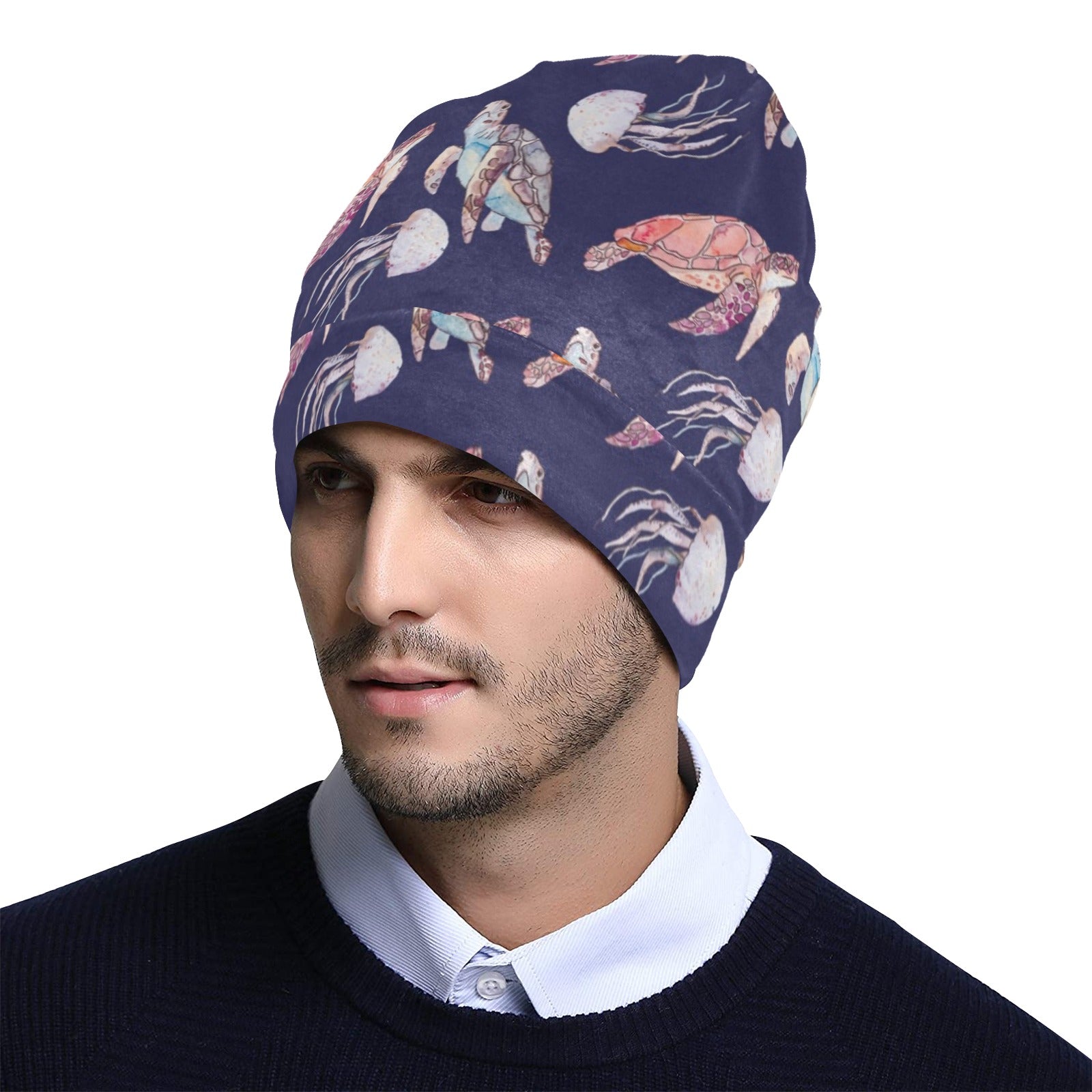 Sea Turtle With Jelly Fish Print Design LKS301 Unisex Beanie