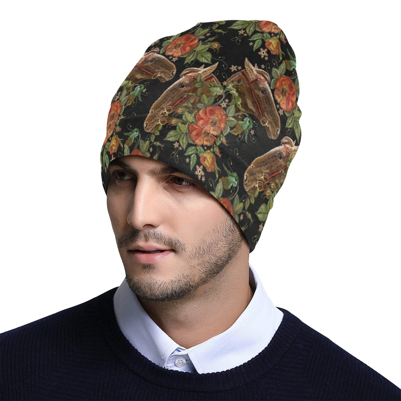 Horse Embroidery with Flower Design Unisex Beanie