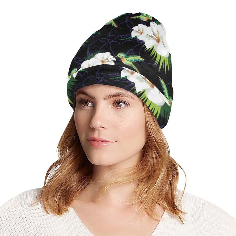 Hummingbird with Flower Pattern Print Design 03 Unisex Beanie