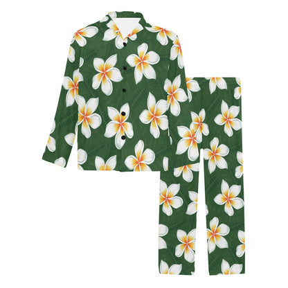 White Plumeria Pattern Print Design PM020 Men's Long Sleeve Pajama Set