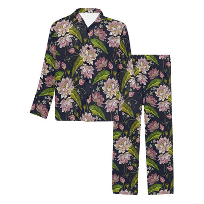 lotus Embroidered Pattern Print Design LO06 Men's Long Sleeve Pajama Set