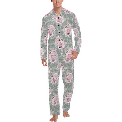 Rose White Pattern Print Design RO012 Men's Long Sleeve Pajama Set