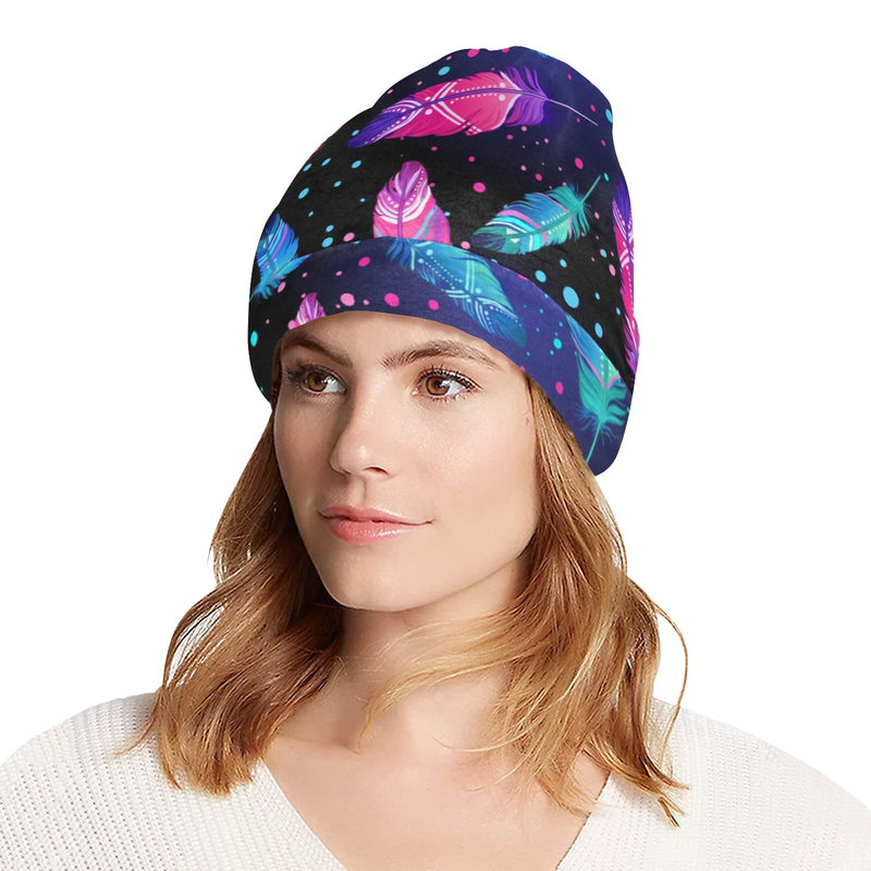 Feather Colorful Boho Design Print Unisex Beanie