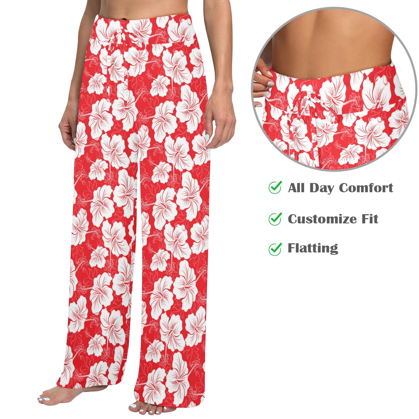 Flower Hawaiian Hibiscus Red Background Print Women's Wide Leg Lounge Pants