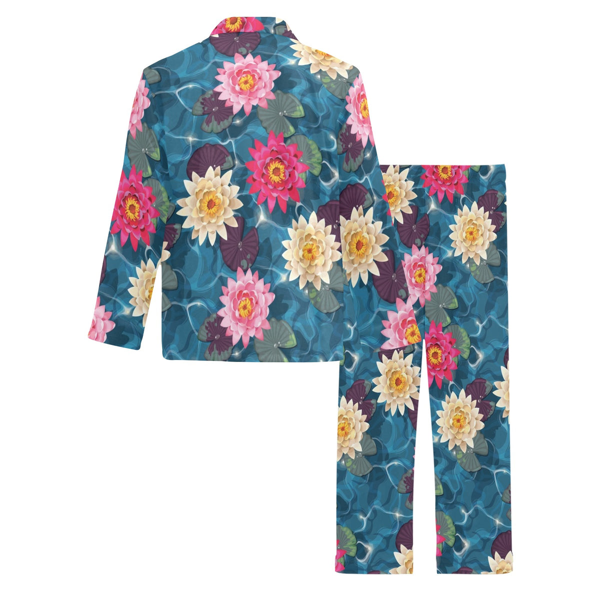 Water Lily Pattern Print Design WL05 Men's Long Sleeve Pajama Set