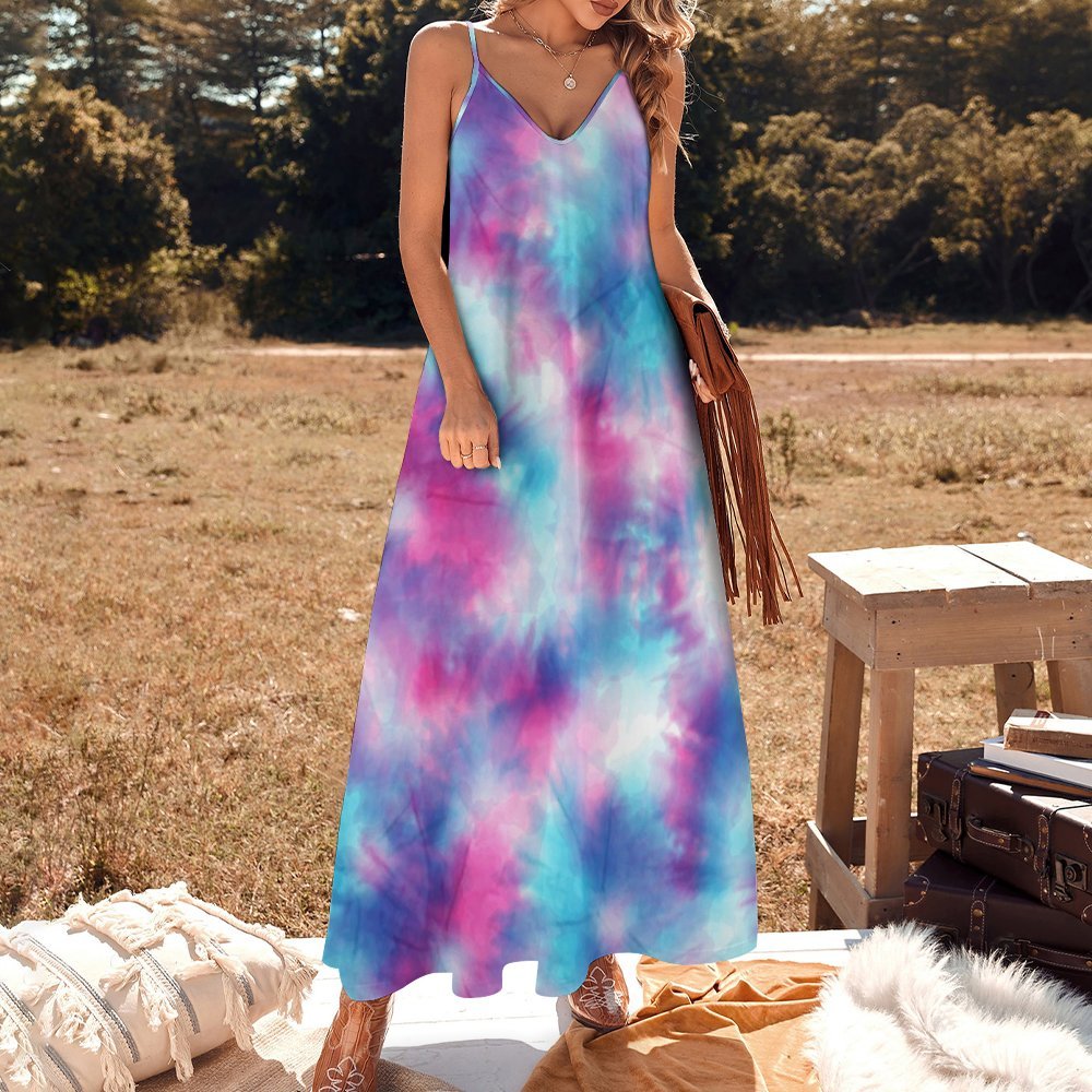 Tie Dye Blue Pink Long Maxi Dress