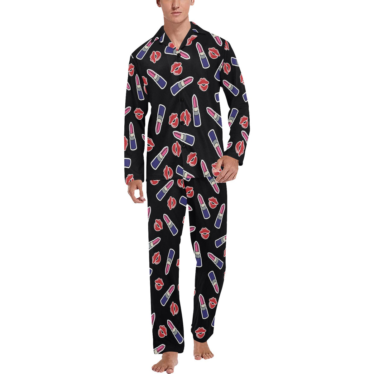 Lipstick Pattern Print Design LT01 Men's Long Sleeve Pajama Set