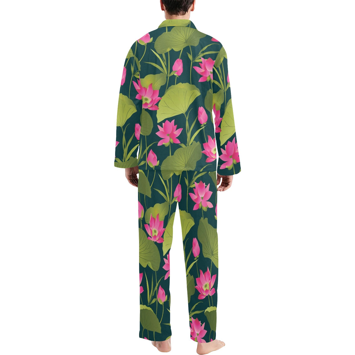Water Lily Pattern Print Design WL09 Men's Long Sleeve Pajama Set