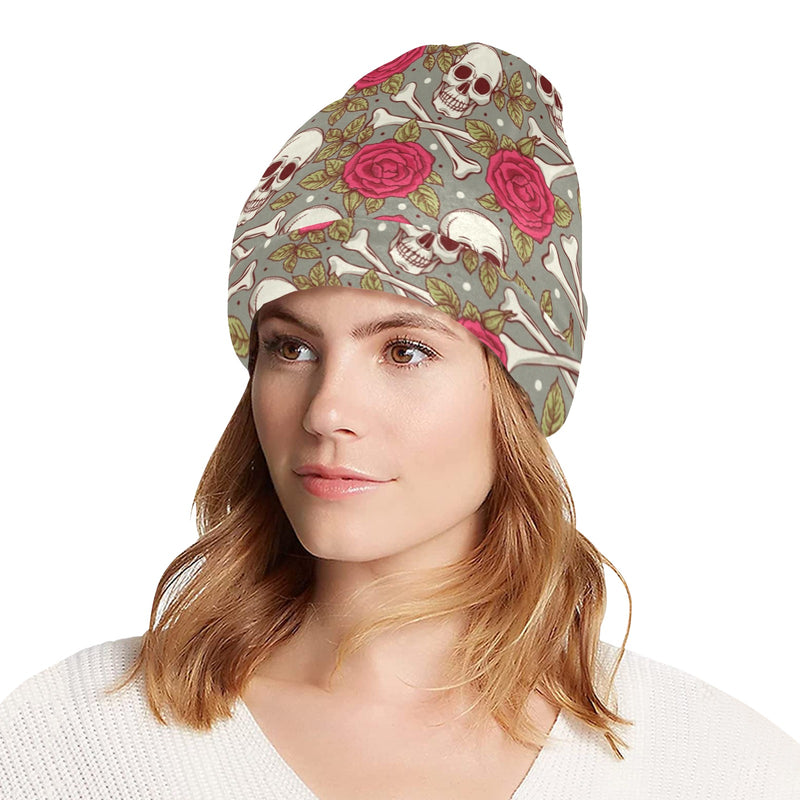 Skull Bone Rose Print Design LKS303 Unisex Beanie