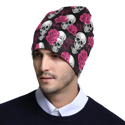 Pink Rose Skull Themed Print Unisex Beanie