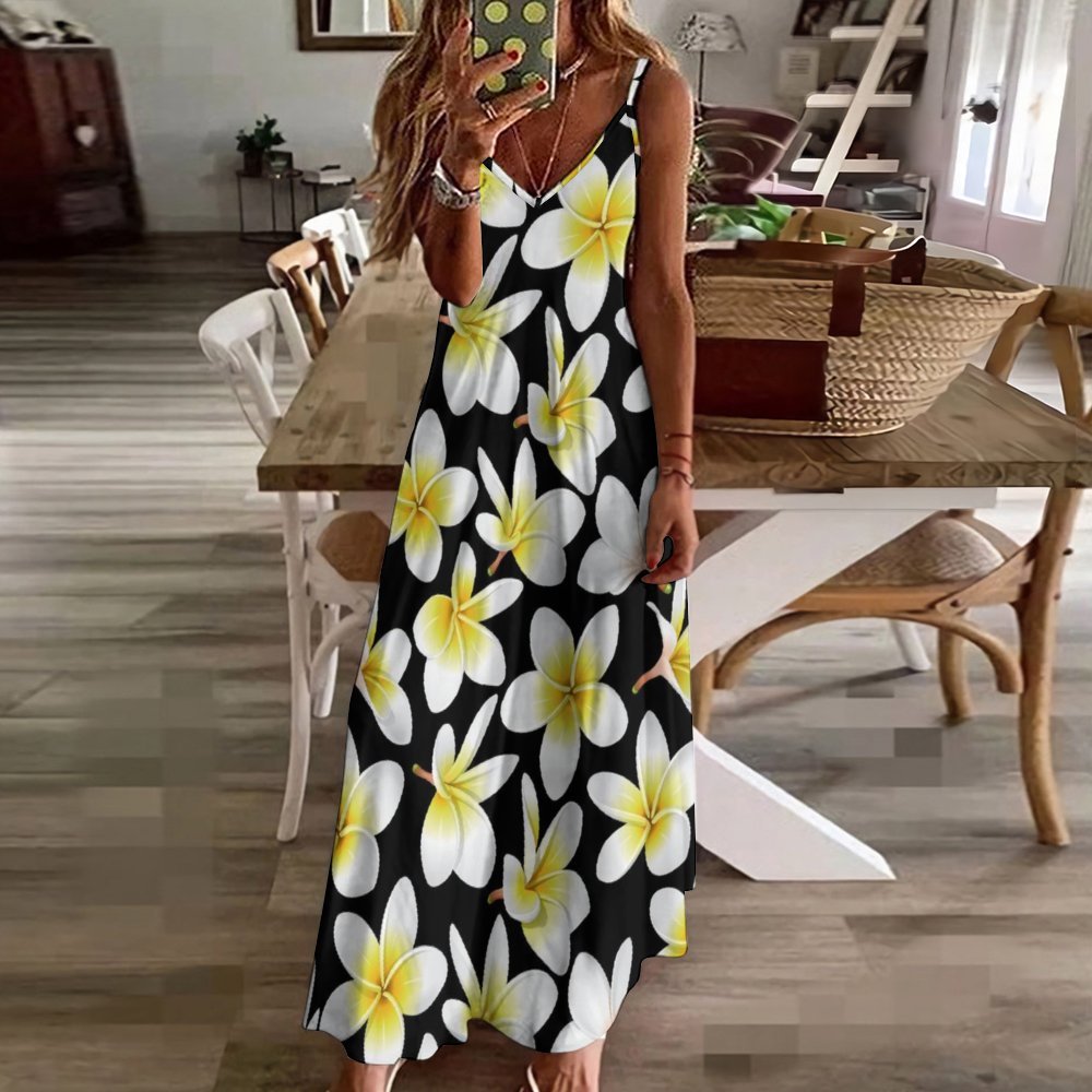 Yellow Plumeria Hawaiian Flowers Long Maxi Dress