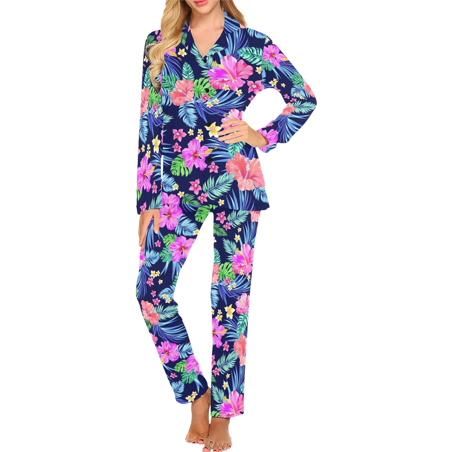 Neon Hibiscus Pattern Print Design HB016 Women's Long Sleeve Pajama Set