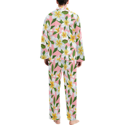 White Plumeria Pattern Print Design PM011 Men's Long Sleeve Pajama Set