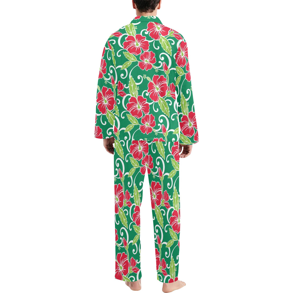 Red Hibiscus Pattern Print Design HB019 Men's Long Sleeve Pajama Set