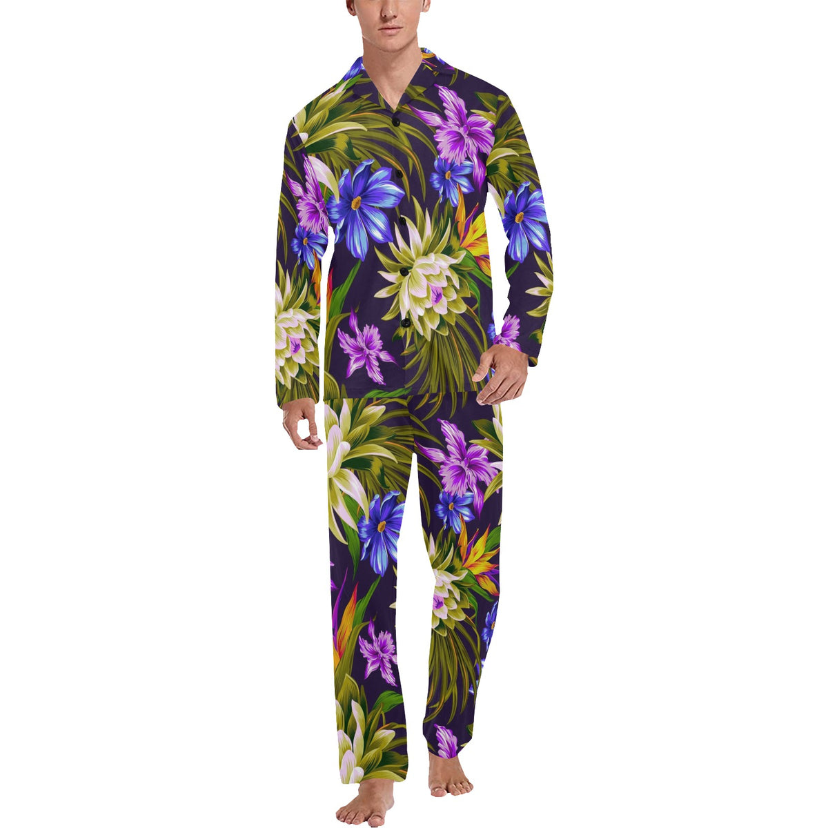 Water Lily Pattern Print Design WL08 Men's Long Sleeve Pajama Set