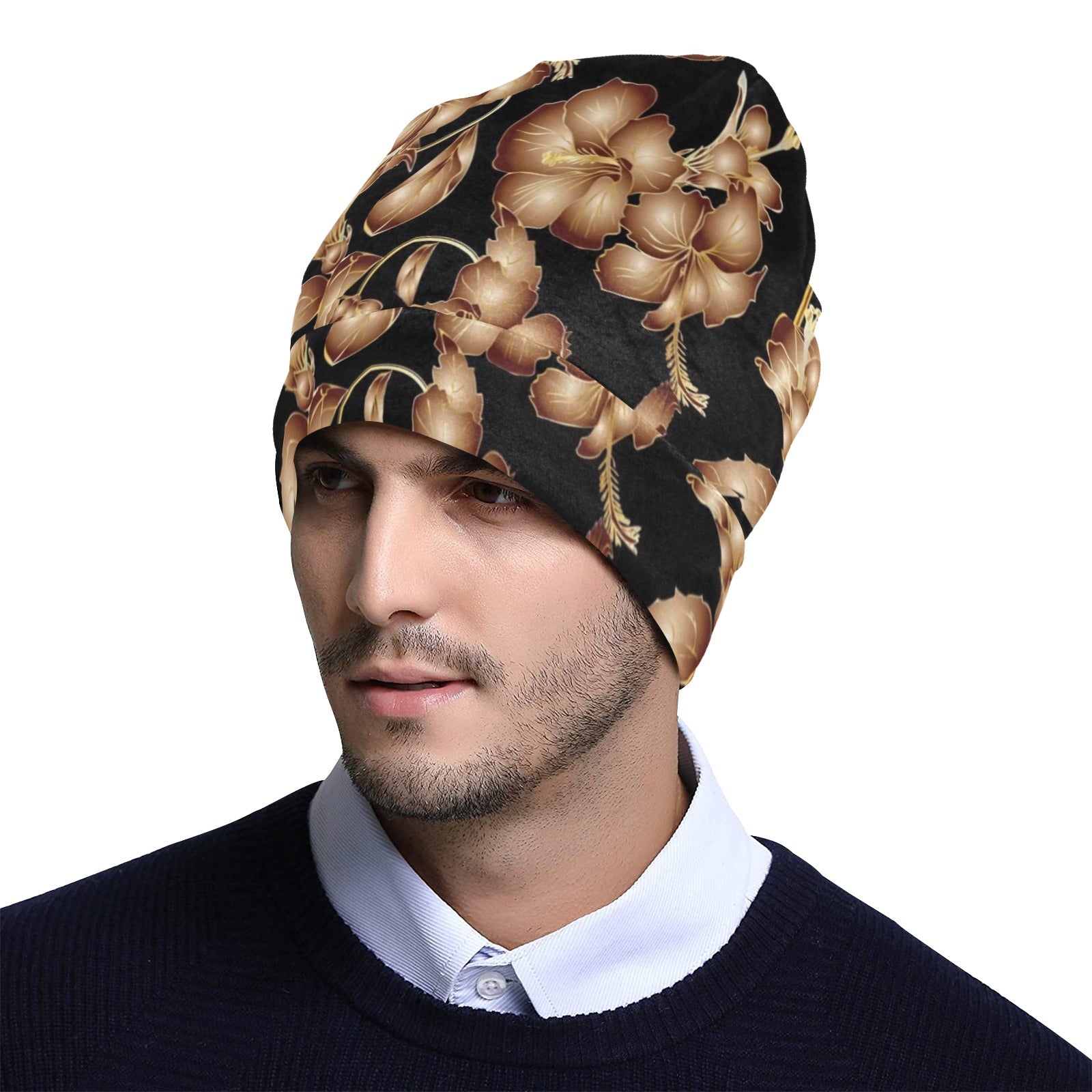 Brown Hibiscus Pattern Print Design HB06 Unisex Beanie