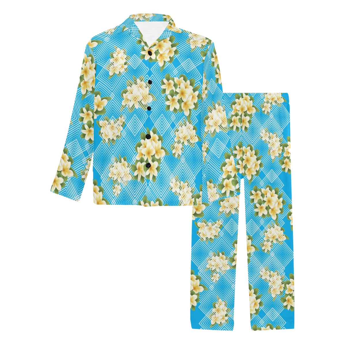 Yellow Plumeria Design Print Pattern Men's Long Sleeve Pajama Set