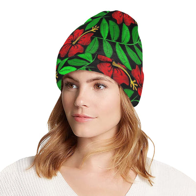 Red Hibiscus Embroidered Pattern Print Design HB032 Unisex Beanie