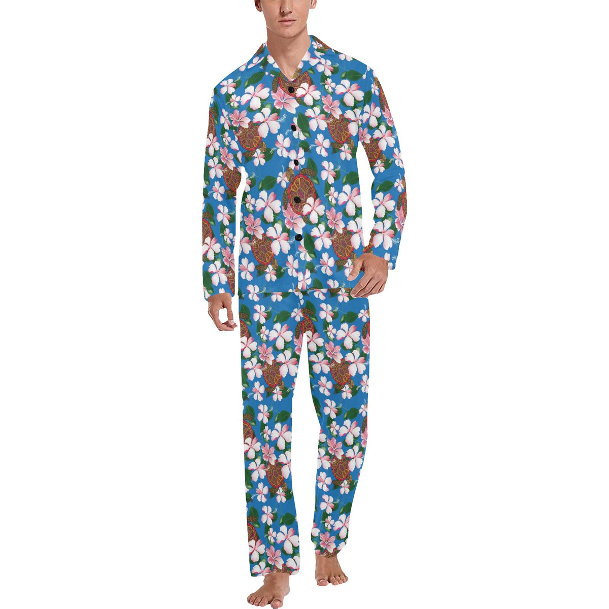 Sea Turtle Pink Hibiscus Hawaiian Print Men's Long Sleeve Pajama Set